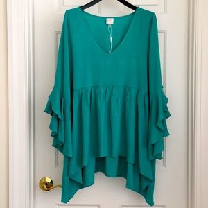 CUPIO Women’s Top L Sea green Frills 3/4 Sleeves Bell Loose fitting NWT
